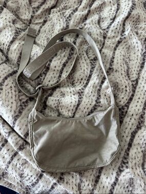 BAGGU Taupe Crescent Crossbody Bag with Logo Strap
